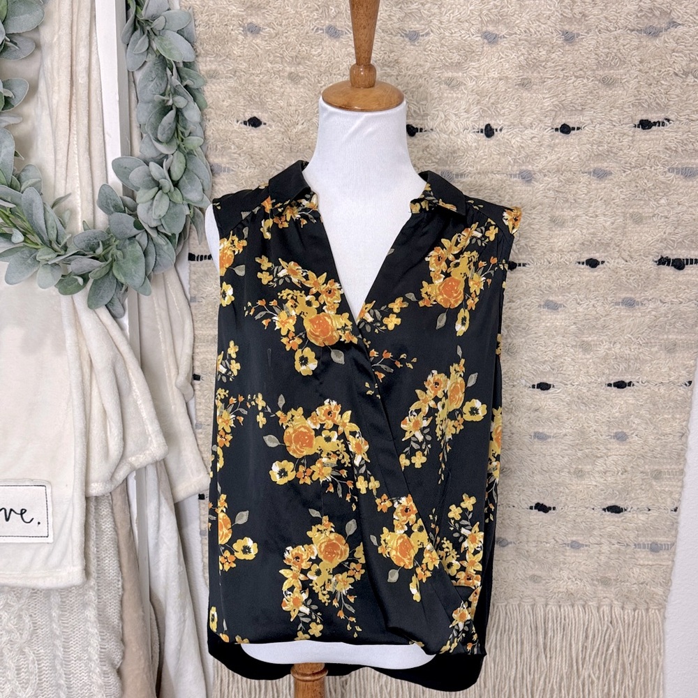 INC International Concepts Black and Yellow Floral sleeveless Blouse size XL